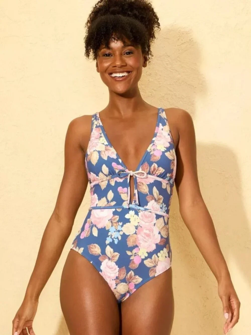 NEW Shade & Shore Floral Print Plunge Tie Detail Cheeky Coverage Swimsuit Size M